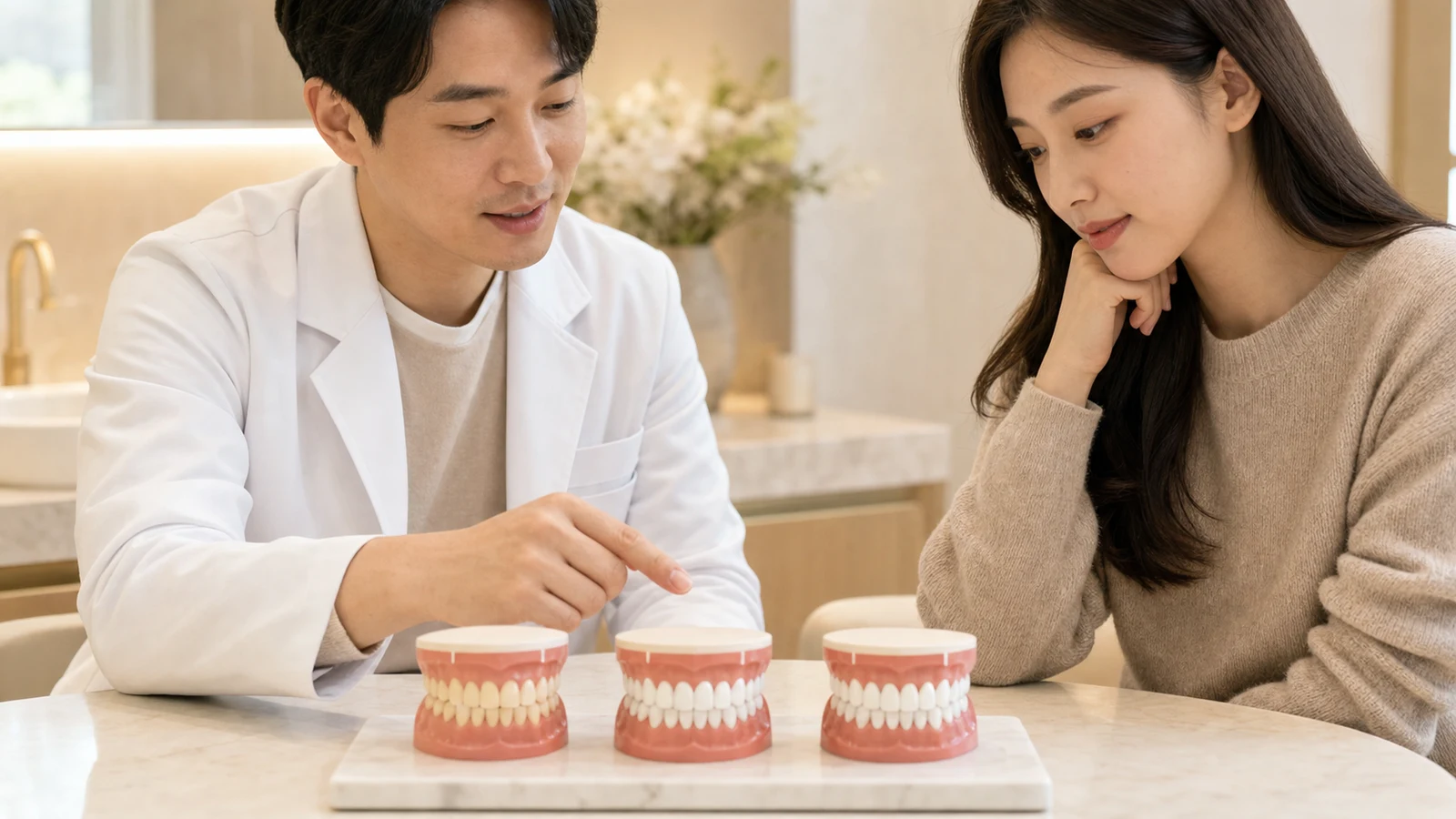 치과의사와 환자가 세 가지 앞니 치료 모형을 놓고 선택지를 비교하는 장면
